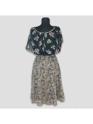 Vintage 80s Floral Full Swing Dress Black Boho Medium thumbnail 2