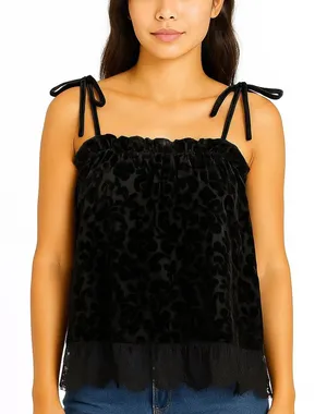 NWOT POL Floral Velvet Lace Tie Tank Boho Top Cami Size Large thumbnail 1
