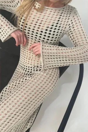 Oak + Fort NWT Cream open knit Crochet Long Sleeve Maxi Dress cover up dress thumbnail 1