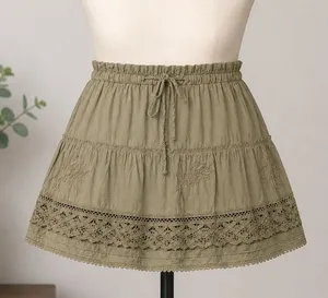 Arizona Jeans Boho Tiered‎ Mini Skirt L/XL Olive Green Lace Trim Cottagecore Y2K thumbnail 1