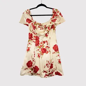 Reformation Mini Dress Beige Lanelle Silk Floral Off Shoulder Satin Smocked XS thumbnail 2