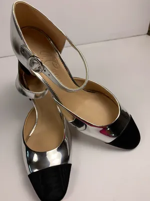 J.Crew Maisie Womens 9.5 Silver Leather Mary Jane Block Heel Black Cap Toe Shoes thumbnail 5
