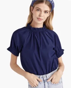 NEW Hill House The Kit Top Puff Sleeve Ruffle Navy Blue Boho Preppy Old Money XS New no tags Measurement in pics thumbnail 1