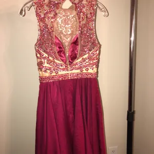 Sherri Hill Fuchsia and Gold Beaded High-Neck Prom Dress thumbnail 3