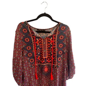 Urban Coco Boho Tunic‎ Dress Red Orange Geometric Print Tassels Womens Size M thumbnail 3