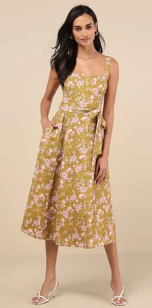 NWT Lulus Sunny Posture Chartreuse Floral Sleeveless Midi Dress Resort Size S thumbnail 1