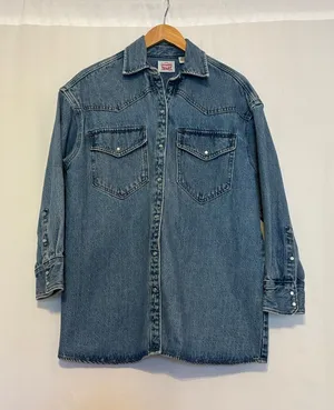Levi's Denim Western Pearl Snap Shirt Oversized Blue Medium Wash XS thumbnail 1