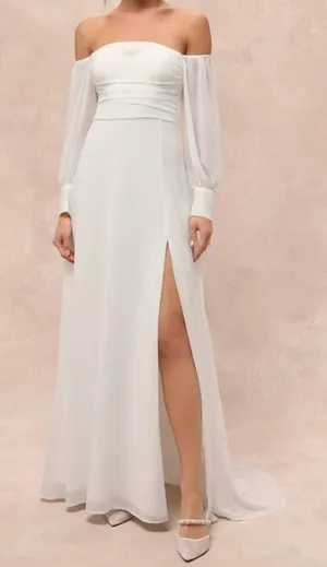 NEW Lulus Adorna White Off-the-Shoulder Semi-Sheer Button Chiffon Maxi Dress XL thumbnail 1