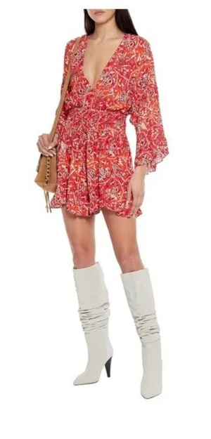 IRO Rhodey Frayed Ruffle Trim Crepe Playsuit 44 Red Romper Floral 12 Loose Fit thumbnail 1