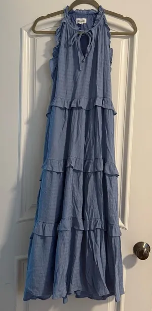 &merci Light Blue Ruffled Tiered Maxi Dress with Tie Neck thumbnail 1
