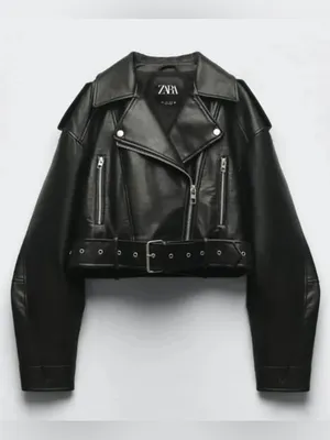 Zara Black Vegan Faux Leather Cropped Biker Moto Jacket Belted thumbnail 1