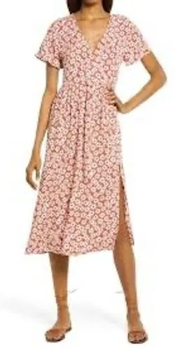 Madewell Red Daisy Floral Clara Wrap Midi Dress Short Sleeve V-Neck XS EUC‎ thumbnail 1