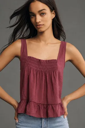 Maeve Anthropologie Smocked Ruffle Hem Swing Tank Top Burgundy Mauve Size M thumbnail 1