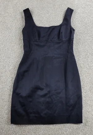VTG Salvatore Ferragamo Dress 42 Black Linen Sheath Square Neck Straps LBD thumbnail 1