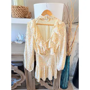 Sabo Skirt Floral Mini Dress Womens Yellow Small Smocked Ruffle Open Back thumbnail 5