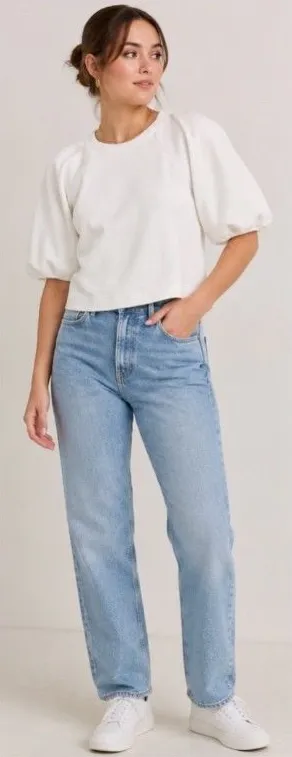 Anthropologie Maeve White Puff Sleeve Ribbed Top thumbnail 1