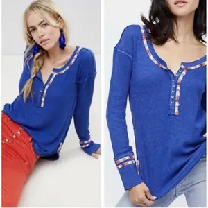 Free People Royal Blue Rainbow Embroidered Henley Thermal Top‎ Boho Small thumbnail 4