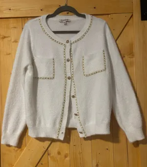 Nanette Lepore Cream Fuzzy Cardigan Sweater Gold Chain Trim‎ Tweed Vibez XL⁠ thumbnail 1