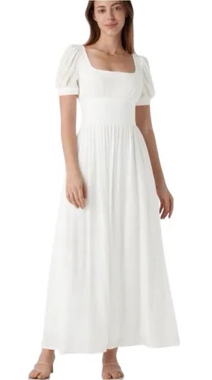 Halara White Square Neck Puff Sleeve Lace Up Cinch Waist Flowy Maxi Dress thumbnail 1