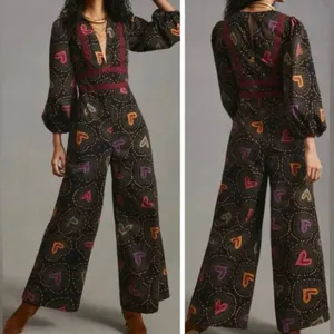 Anthropologie x Farm Rio Jumpsuit M NWT Deep-V Hearts Print Wide-Leg thumbnail 4