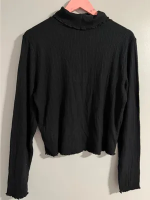 Madewell Black Ribbed Lettuce-Edge Mock Neck Long Sleeve Top thumbnail 3