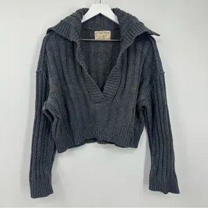 Free People We The Free Gray Rudi Funnel Neck Knit Sweater V Neck Boho Oversized thumbnail 8
