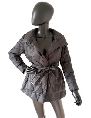 Black Down Puffer Jacket Shawl Collar Wrap Belt Winter Outerwear Coat Parka Size M thumbnail 1
