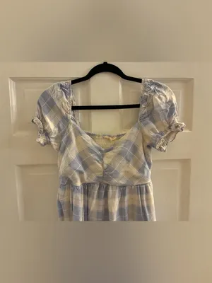 Prómesa Women’s Brand Light Blue and Cream Plaid Puff Sleeve Dress Size Small thumbnail 2