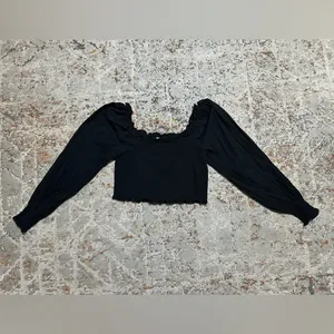 AERIE Smocked Puff Sleeve Square Neck Black Crop Top Size Medium 100% cotton thumbnail 9