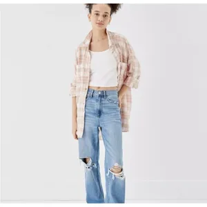 American Eagle Sz L Shirt Oversized Linen Plaid Button Up Boho Relaxed Fit Top thumbnail 3