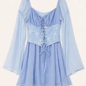 Light Blue Corset Mini Dress XS Floral Embroidered Lace Bell Sleeve Cottagecore thumbnail 2