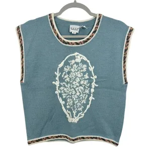 Russ Petites Blue Sweater Vest Women's Size S Floral Motif Leopard Trim‎ Knit thumbnail 1