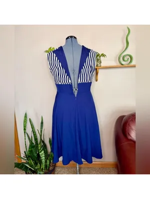 Retro Stage XXL Blue White Striped Sailor Dress Nautical Tie Front Pinup Retro thumbnail 8