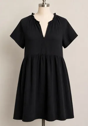 Old Navy Womens XL Black Cotton Gauze Ruffle Neck Babydoll Mini Dress Pockets thumbnail 1