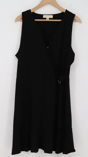 Michael Kors Dress Womens XL Faux Wrap Black Gold Ring Ruffle Hem Excellent thumbnail 1