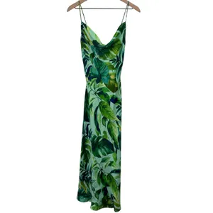 Zara Green Tropical Palm Leaf Satin Long Maxi Slip Dress Size XS thumbnail 3