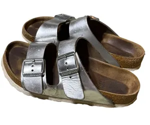 Birkenstock Arizona Silver Metallic Leather Double Strap Sandals Women 37 thumbnail 1