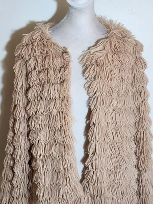 Beige Faux Fur Shaggy Boho Jacket Size Medium thumbnail 2