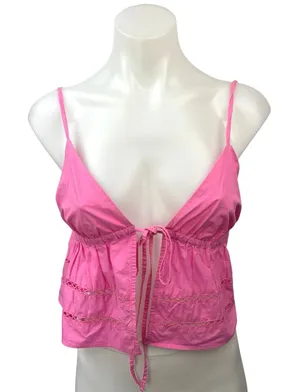 Zara Pink Plunge Neck Tie Front Ruffle Eyelet Cami Camisole Crop Tank Top Size M thumbnail 1