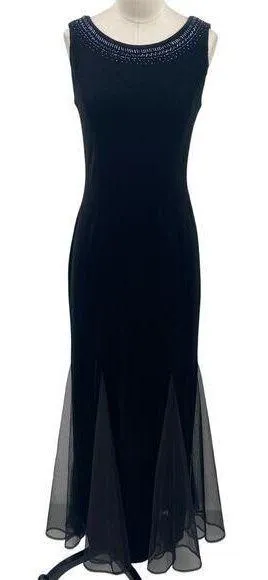 Vintage Y2k Velvet Gown Sleeveless Beaded Bateau Neck Mesh Godets Black Womens 4 thumbnail 1