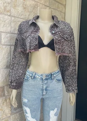HyFve Cropped Animal Print Distressed‎ Denim Jacket Women’s large thumbnail 1