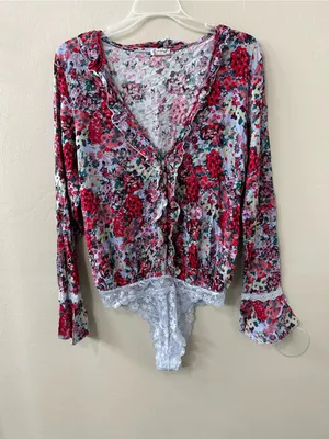 Free People Heat Wave Bodysuit Rose Garden Floral Long bell sleeve Sz S thumbnail 3