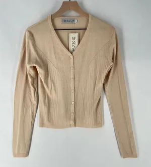 DKLA Beige Stretch Knit Ribbed Long Sleeve V-Neck‎ Button Front Cardigan Size M thumbnail 1