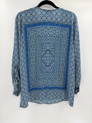 Tolani Blue Silk Medallion Print Boho Tassel Tie Blouse boho Top size large thumbnail 9