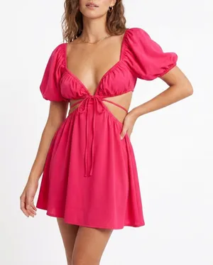 Sabo Skirt Pink Cutout Puff Sleeve Mini Dress XS Hot Pink Summer Vacation Boho thumbnail 1