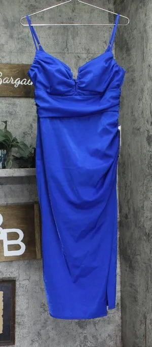 B. Darlin Notched Neck Side Slit Knit Bodycon Midi Dress Royal Slim Blue XL thumbnail 1