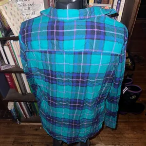 American Eagle L blue & green plaid button down shirt thumbnail 2