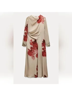Zara Beige Midi Dress with Red Floral Motif thumbnail 2