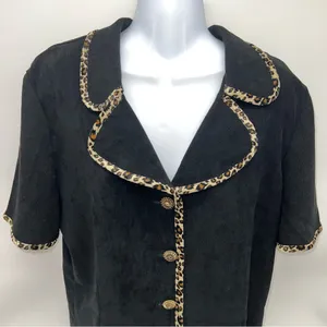 Courtenay Women’s Short Sleeve Casual Black Button Down Top w/Leopard Print Trim thumbnail 2