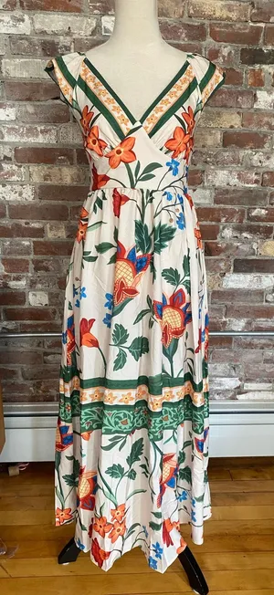 SHEIN Tropical Floral Maxi Dress XS Ruffle V-Neck Open Back Tie Sundress thumbnail 1